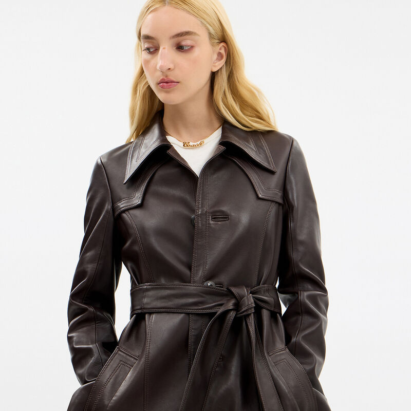 Single Breasted Leather Trench Coat, Dark Brown, hi-res image number 4