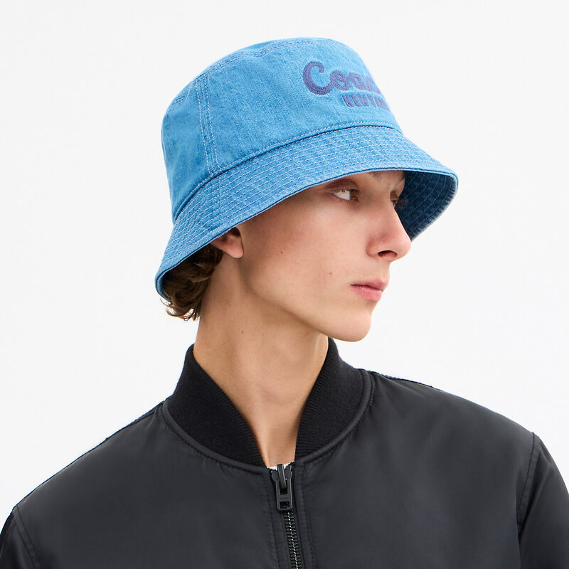 Coach Script Embroidered Denim Bucket Hat, INDIGO, hi-res image number 3