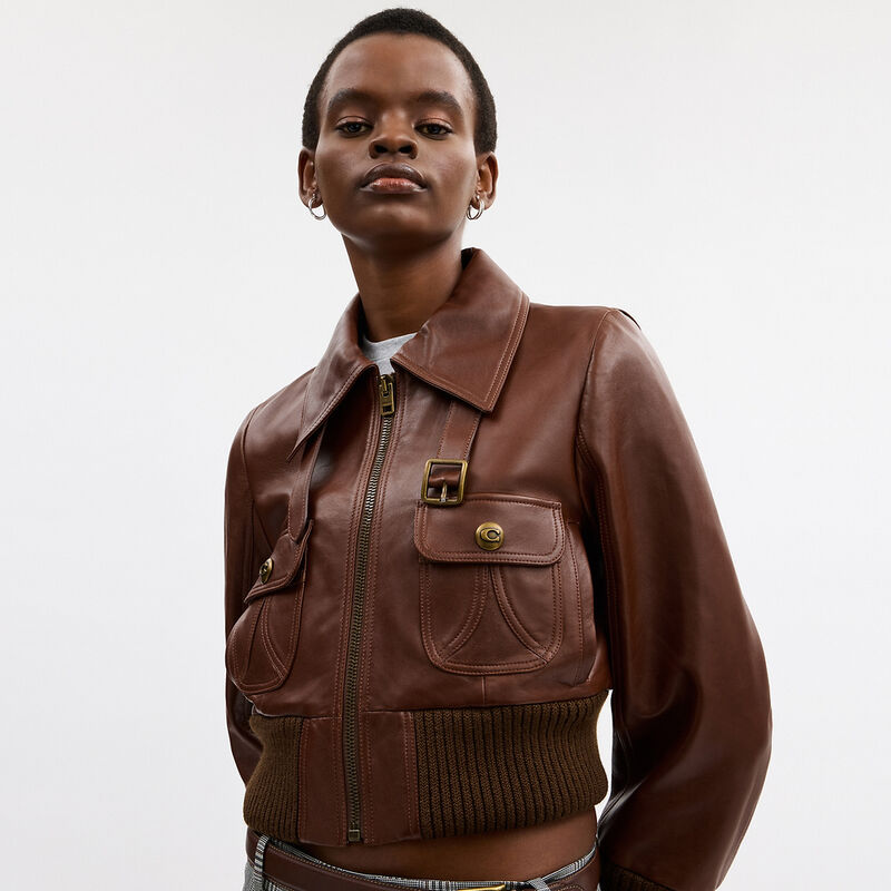 Shrunken Leather Aviator Jacket, Brown, hi-res image number 4