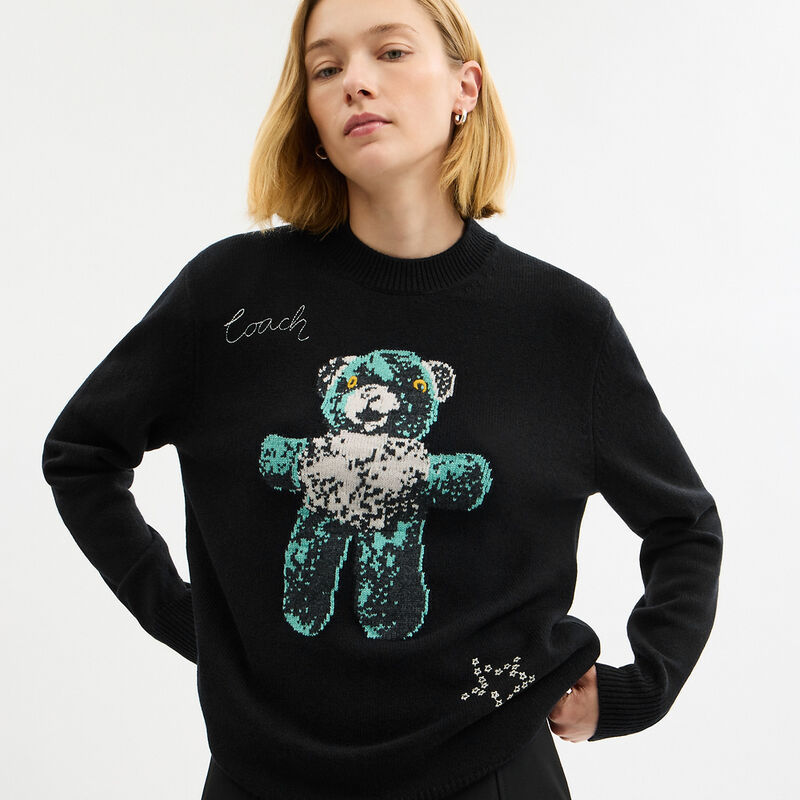 Lightweight Bear Graphic Sweater, BLACK, hi-res image number 5