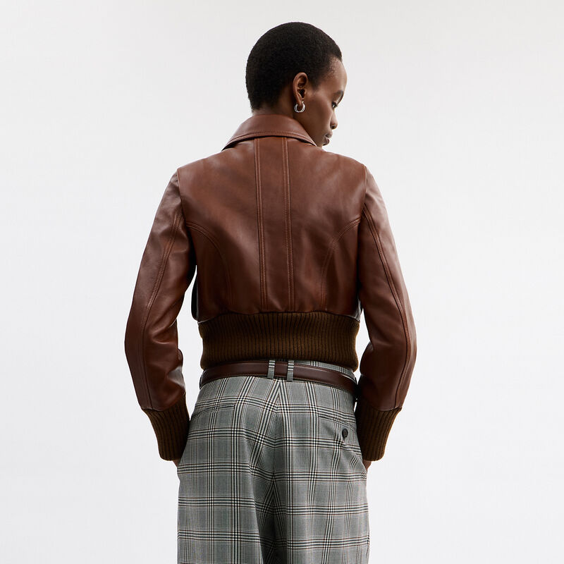 Shrunken Leather Aviator Jacket, Brown, hi-res image number 3